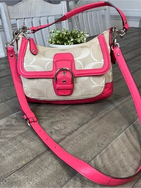 Coach Campbell Signature Crossbody Hobo Bag F28902 Khaki Hot Pink Canvas Leather